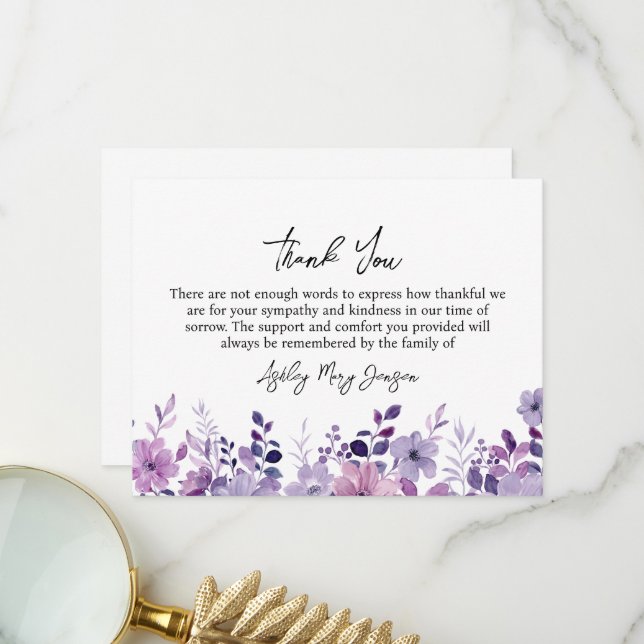 Purple Flower Funeral Thank You Card Bereavement (Front/Back In Situ)