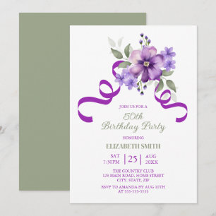 Purple Flower Greenery Ribbon Birthday Invitation