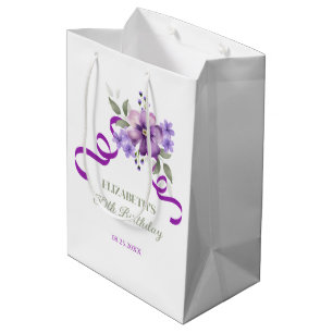 Purple Flower Greenery Ribbon Birthday Medium Gift Bag