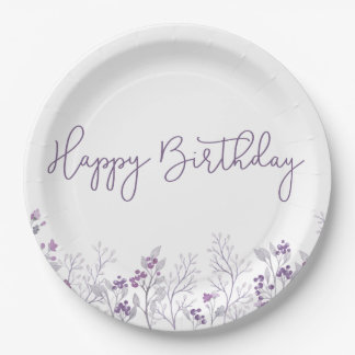 Purple Flower Happy Birthday Paper Plates