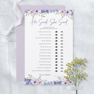 Purple Flower He Said She Said Bridal Shower Game