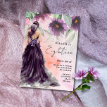 Purple Flower Lady In Long Gown 18th Birthday  Invitation<br><div class="desc">Celebrate a momentous occasion with our elegant 18th birthday party invitation! Featuring a graceful lady in a gown adorned with a purple floral headdress and a matching bow, this design beautifully showcases purple flowers and greenery against a peach background. The exquisite “Eighteen” script adds a sophisticated touch, making it perfect...</div>