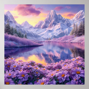 🌄 Purple Flower Meadow Alpine Lake Dreamy Sunset  Poster