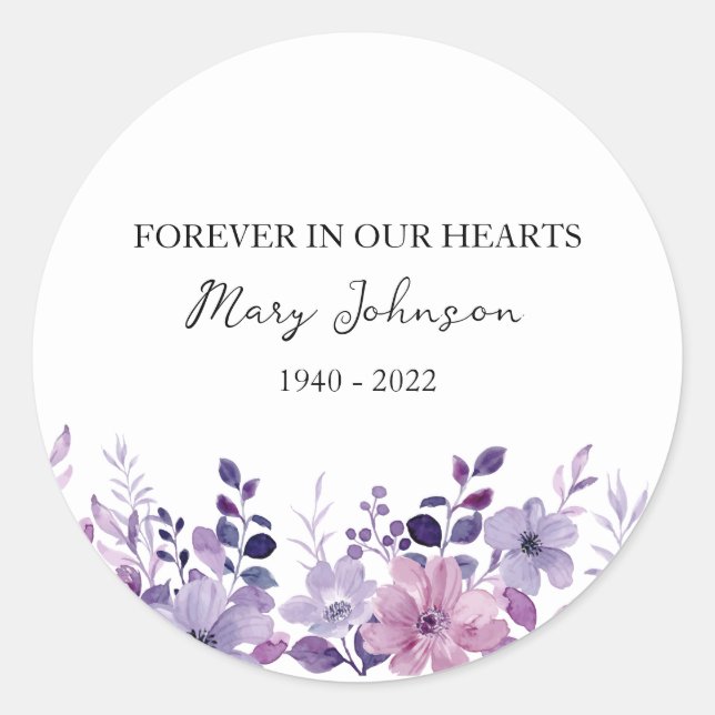 Purple Flower Memorial Funeral Classic Round Sticker (Front)