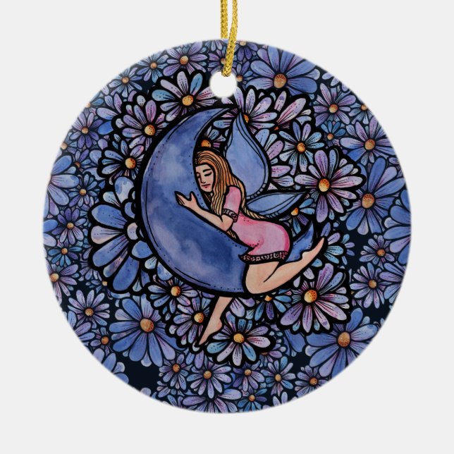 Purple Flower Moon Fairy            Ceramic Ornament (Front)