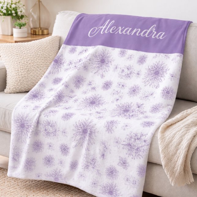 Purple Flower Pattern Custom Name  Fleece Blanket (Creator Uploaded)