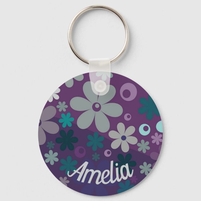 Purple Flower Pattern Cute Personalised Keychain (Front)