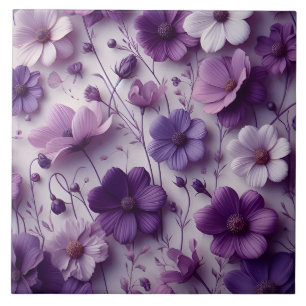 Purple Flower Pattern on a White Background Tile