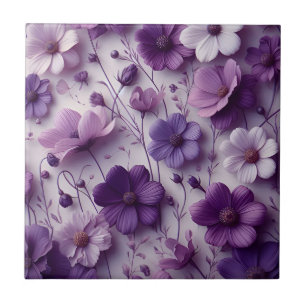 Purple Flower Pattern on a White Background Tile