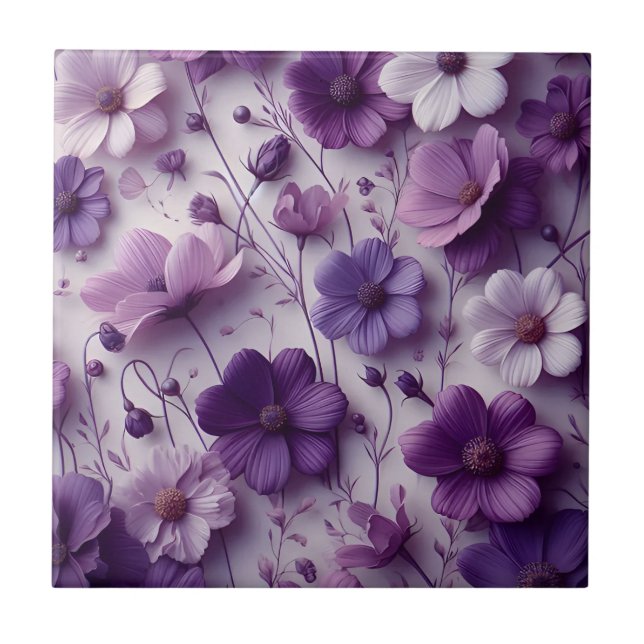 Purple Flower Pattern on a White Background Tile (Front)