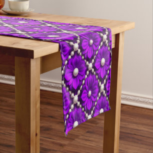 Purple Flower Pattern With Pearl Beads Short Table Runner