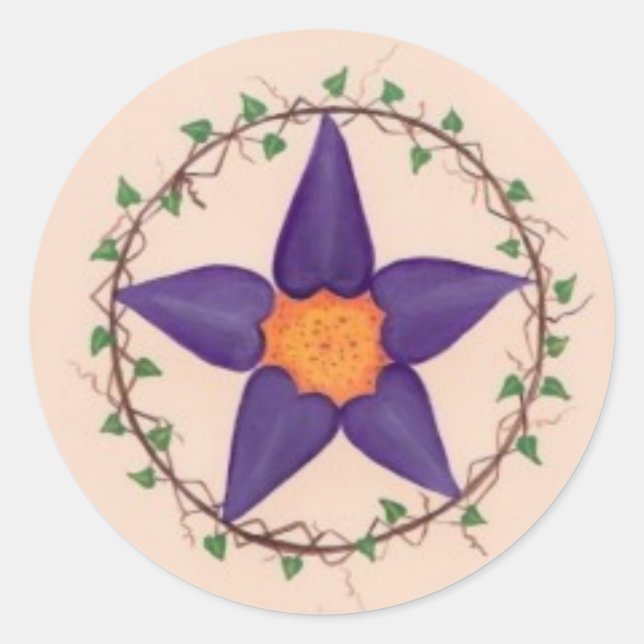 Purple Flower Pentagram Classic Round Sticker (Front)