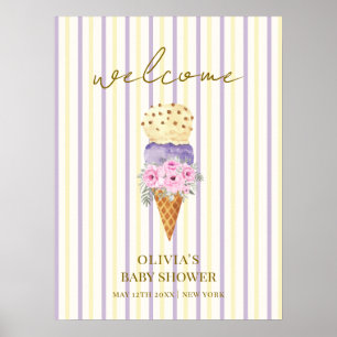 Purple Flower Scoop Ice Cream Baby Shower Welcome Poster