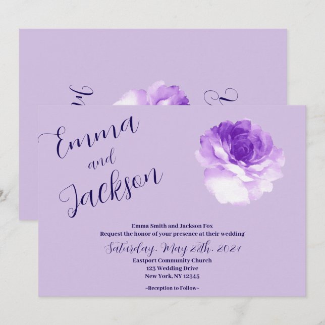 Purple Flower Script Wedding Invitation (Devant / Derrière)