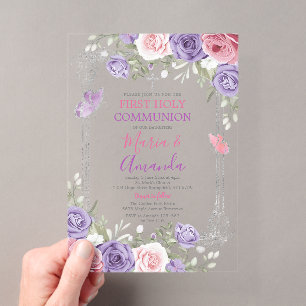 Purple Flower Silver Cross Pink 1st Holy Communion Acrylic Invitations