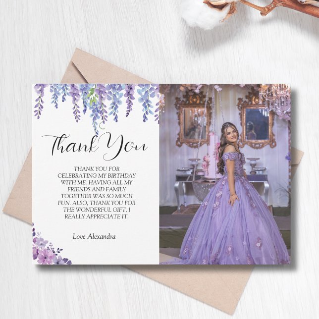 Purple flower sweet sixteen birthday with photo thank you card (Creator Uploaded)