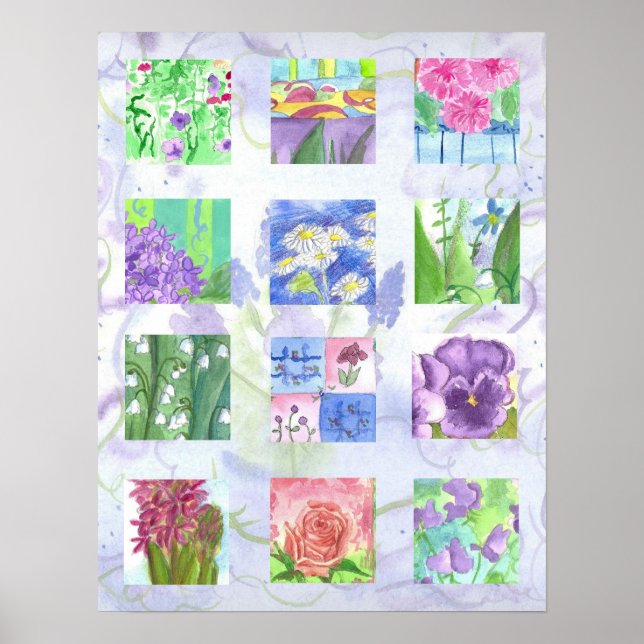 Purple Flower Watercolor Collage Art Pansy Roses Poster (Front)