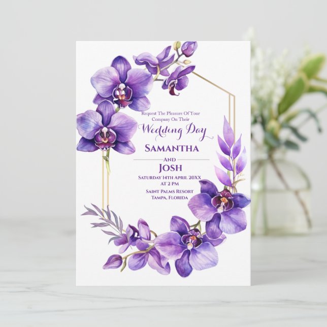 Purple Flower Wedding Invitation (Standing Front)