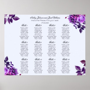 Purple flower wedding seating chart. Violet floral Poster