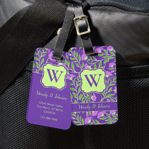 Purple Flower with Monogram Luggage Tag