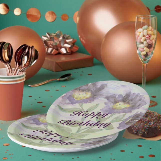 Purple Flowered Paper Birthday Plates (Multi)