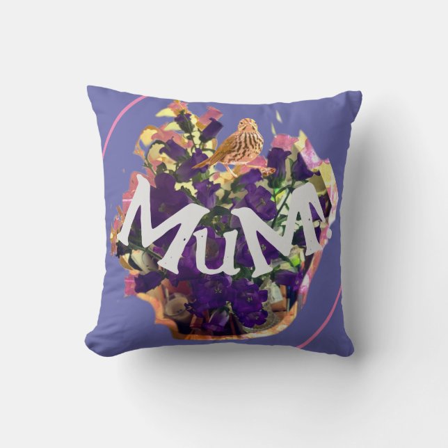 Purple Flowers and Bird Throw Pillow (Front)