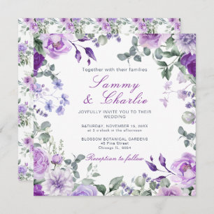 Purple Flowers and Eucalyptus Leaves Wedding Invitation