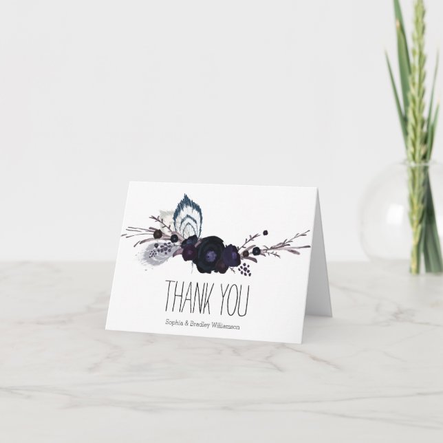 Purple Flowers and Feathers Thank you Card (Front)