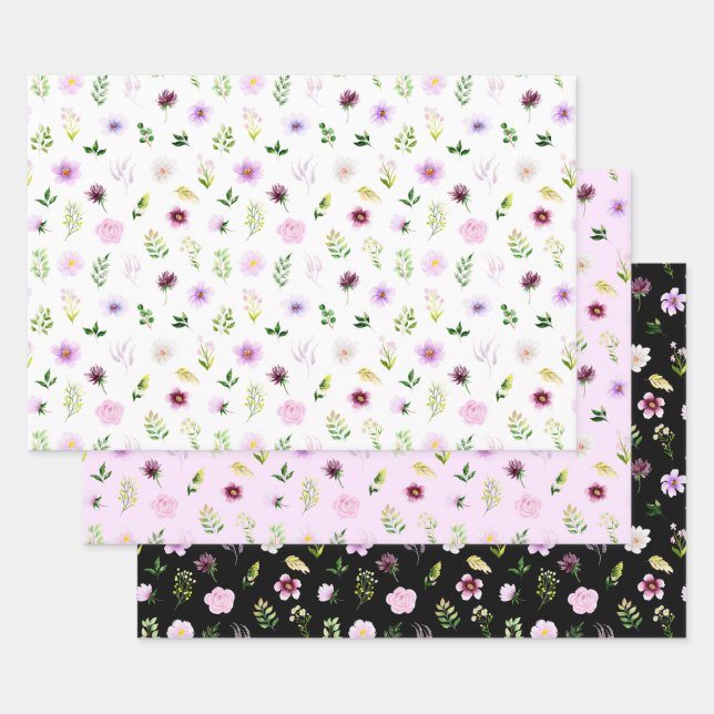 Purple Flowers and Foliage Pattern Wrapping Paper Sheet (Set)