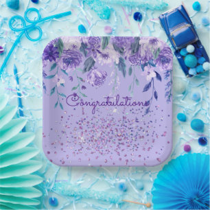 Purple Flowers and Glitter Paper Plates