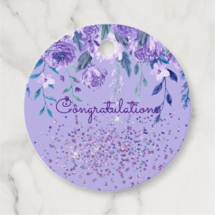 Purple Flowers and Glitter Round Gift Tag