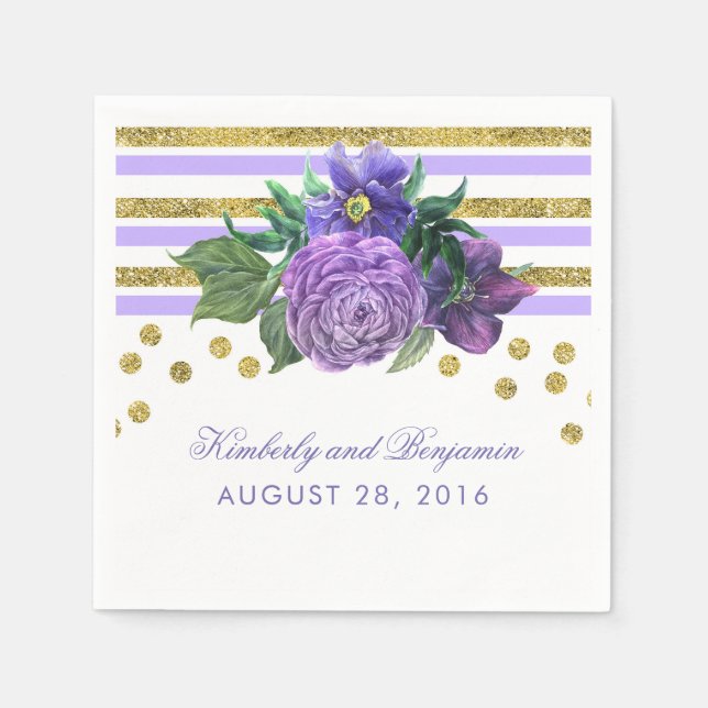 Purple Flowers and Gold Glitter Wedding Napkin (Front)