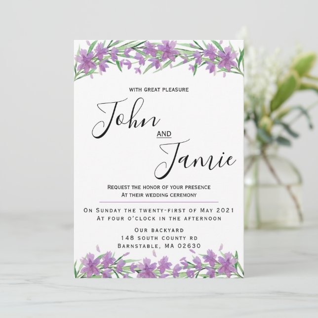 Purple flowers and greenery wedding invitation  (Standing Front)