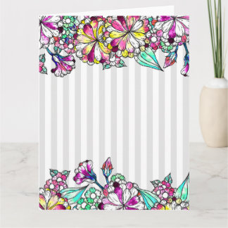 Purple flowers and grey stripes thank you card