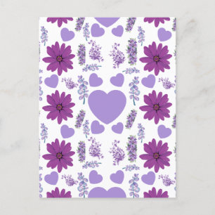 Purple flowers and heart seamless pattern postcard
