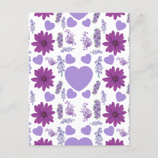 Purple flowers and heart seamless pattern  postcard