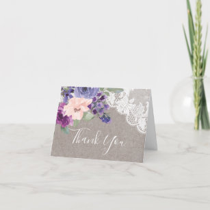 Purple Flowers and Lace Folded Wedding Thank You Card