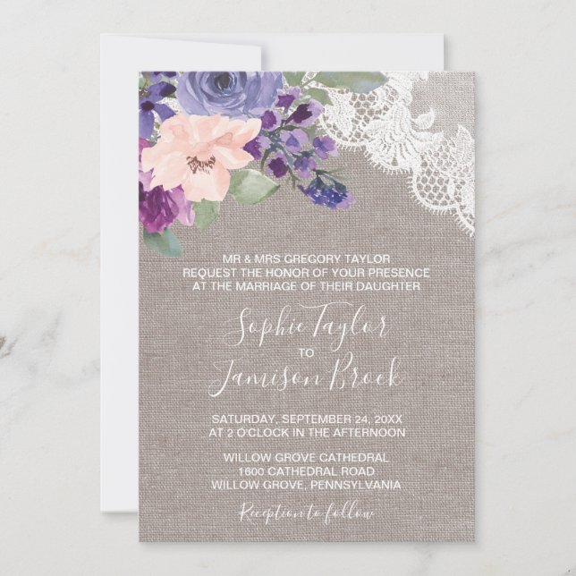 Purple Flowers and Lace Formal Wedding Invitation (Front)