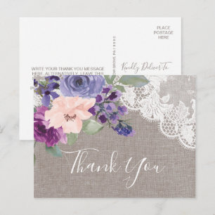 Purple Flowers and Lace Thank You Postcard