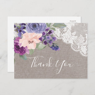 Purple Flowers and Lace Thank You Postcard