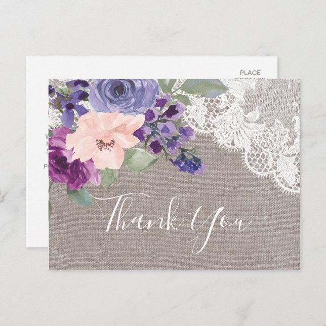 Purple Flowers and Lace Thank You Postcard (Front/Back)