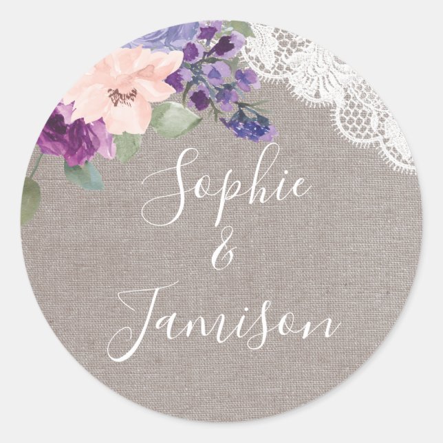Purple Flowers and Lace Wedding Envelope Seals (Front)
