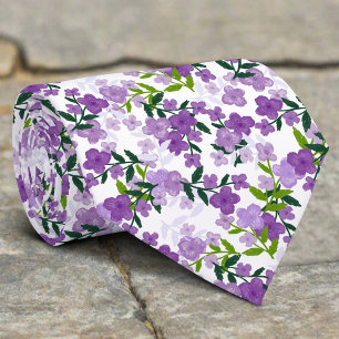 Purple Flowers And Leaves Watercolor Wedding Tie
