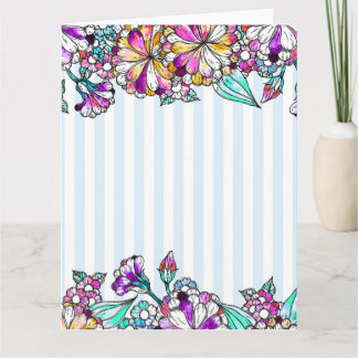 Purple flowers and light blue stripes thank you card