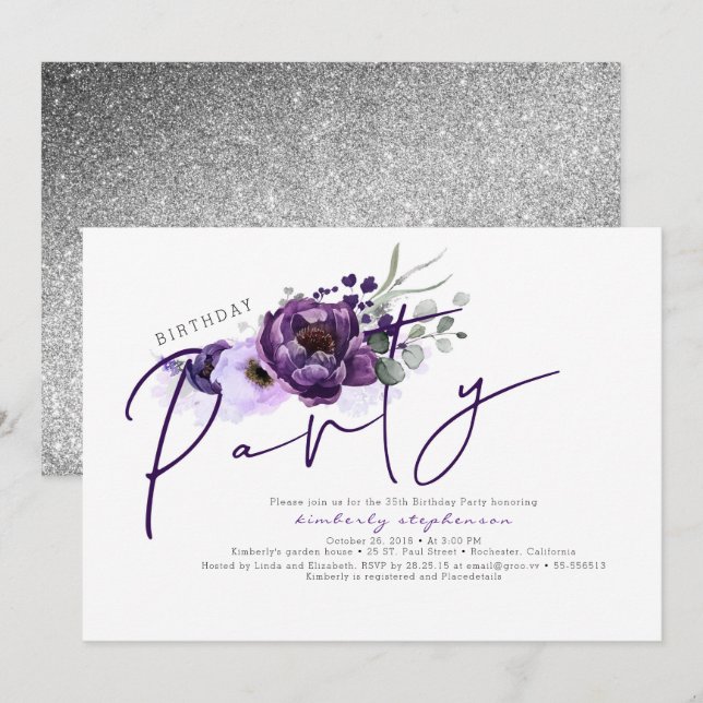 Purple Flowers and Silver Glitter Birthday Party Invitation (Front/Back)