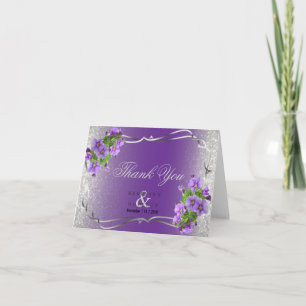 Purple Flowers and Silver Glitter - Thank You Card