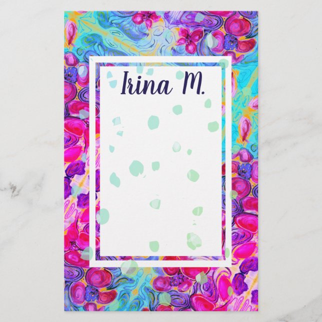 Purple Flowers and Turquoise Petals Fantasy Stationery (Front)
