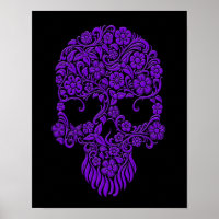 Purple Flowers and Vines Skull Design on Black