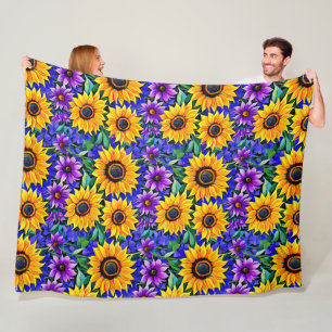 Purple Flowers and Yellow Sunflowers Floral Fleece Blanket