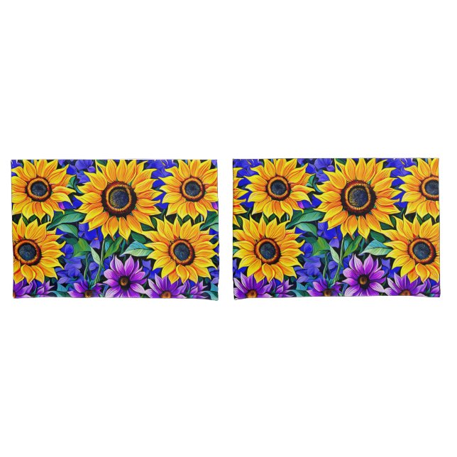 Purple Flowers and Yellow Sunflowers Floral Pillowcase (Front-Set)